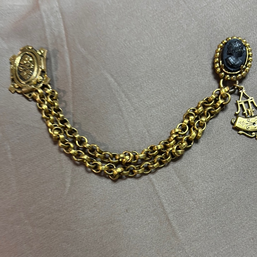 Vintage Double Dress Clips Gold Tone with Chains Locket Faux Cameo Older Jewelry